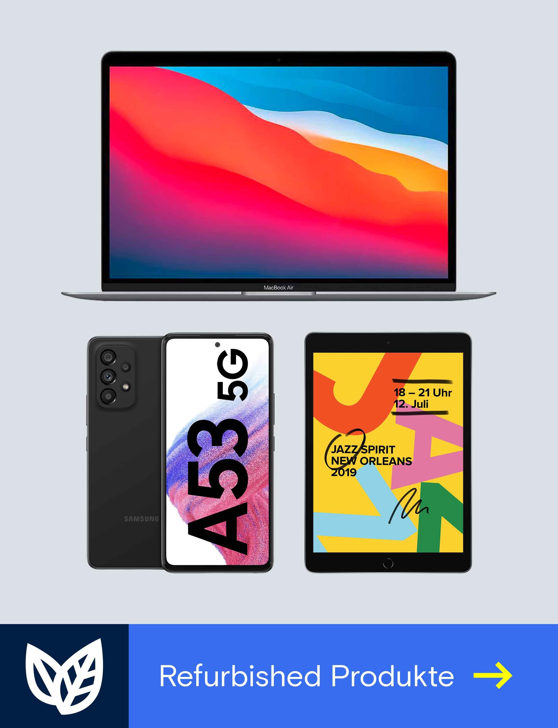 Produktecollage mit gebrauchten iPhones, MacBooks und iPads, daneben ein weisses Blattsymbol als Zeichen für Nachhaltigkeit.