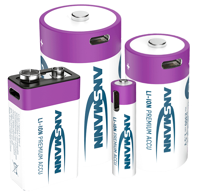 Ansmann Li-Ion Premium Akkus in verschiedenen Größen: 9V-Block, Mono, Baby, Mignon.