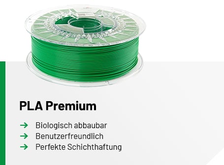 Eine transparente Spule mit grünem Filament über einer Infografik, die den Schriftzug „PLA Premium“ sowie die Eigenschaften biologisch abbaubar, benutzerfreundlich und perfekte Schichthaftung auflistet.