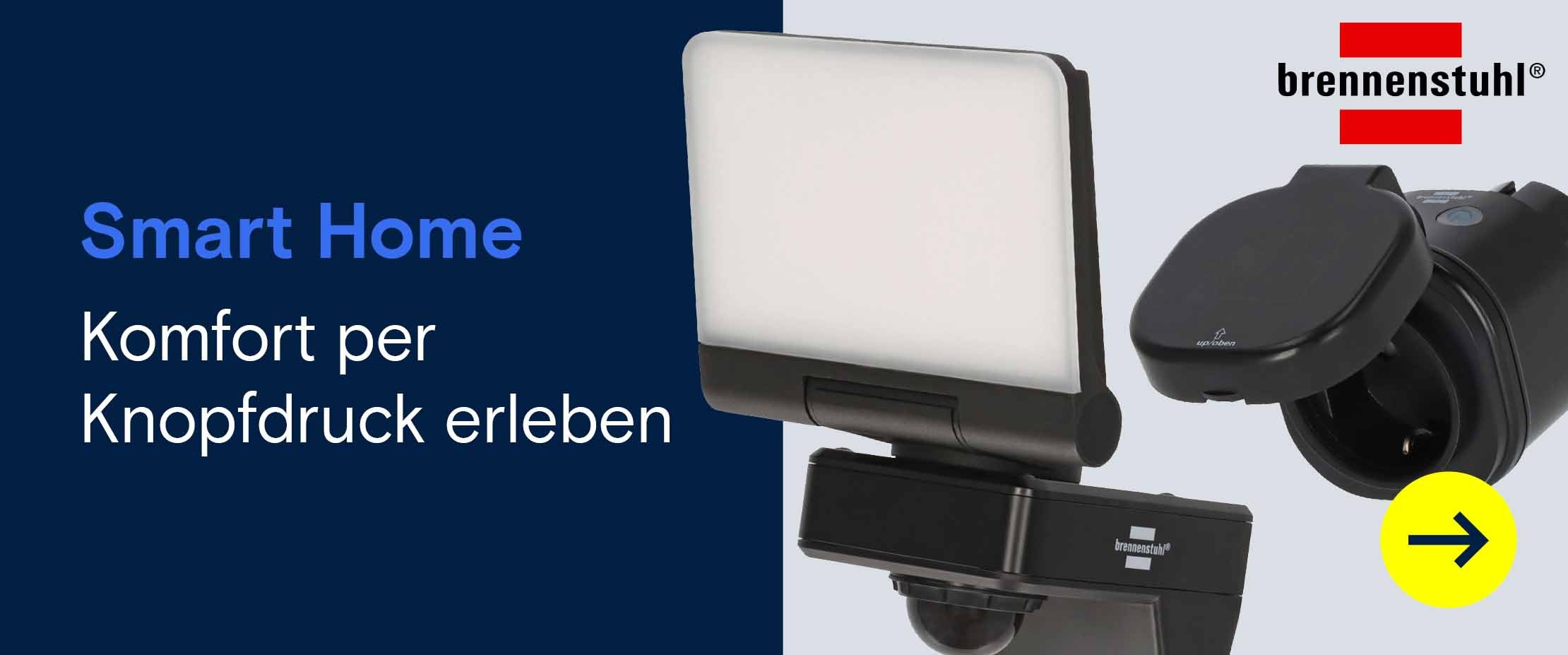 Werbebanner mit dem Titel „Smart Home“ und dem Text „Komfort per Knopfdruck erleben“, ergänzt durch abgebildete Smart-Home-Produkte der Marke Brennenstuhl.