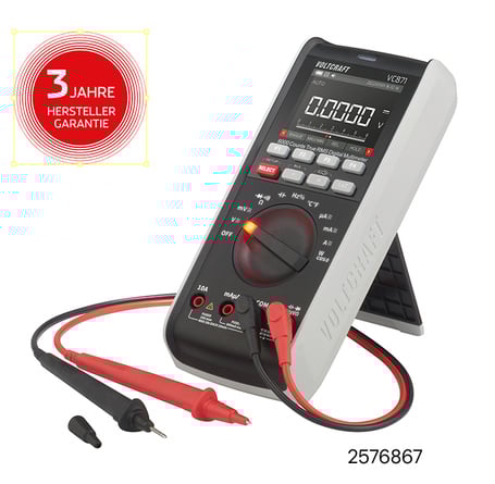 Das Voltcraft VC871 Digitalmultimeter mit Prüfspitzen und 3 Jahren Herstellergarantie wird präsentiert.