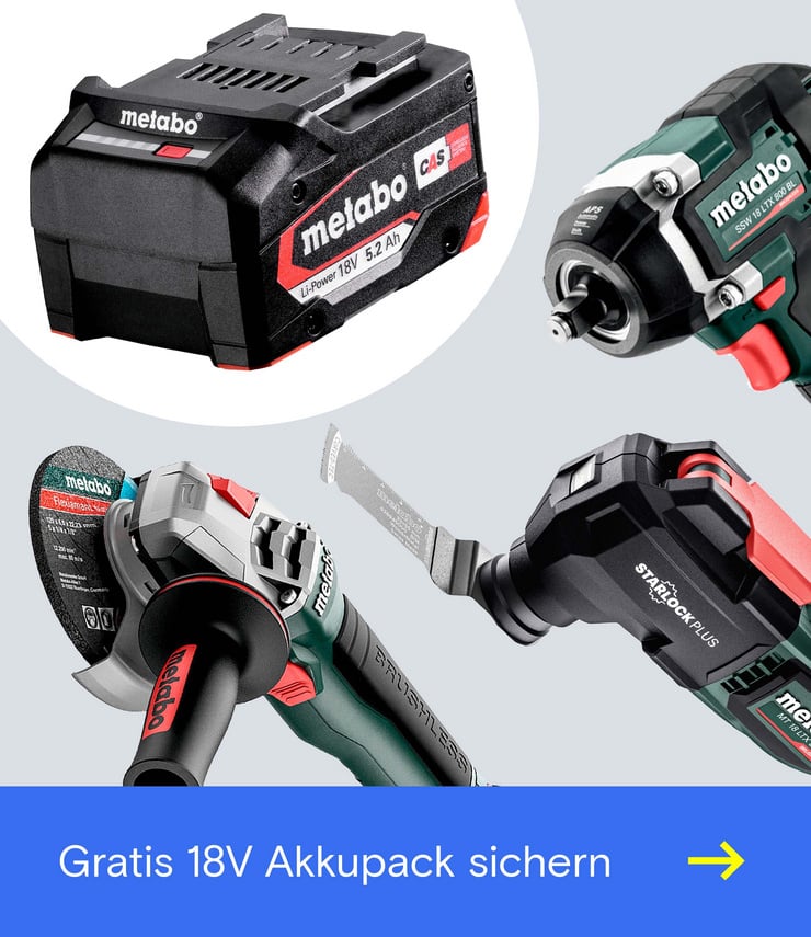 Metabo Werbebild mit 18V-Akkupack, Akku-Schlagschrauber, Akku-Winkelschleifer und Säbelsäge-Aufsatz sowie blauem Banner „Gratis 18V Akkupack sichern“.