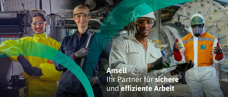 Das Bild zeigt eine Collage, die sich auf Arbeitssicherheit und Effizienz konzentriert. Es zeigt mehrere Personen, die Schutzausrüstung wie Handschuhe, Schutzbrillen und Overalls in einem industriellen Umfeld tragen. Der Text lautet: "Ansell – Ihr Partner für sichere und effiziente Arbeit" Das Visuelle betont die Bedeutung der Verwendung von Schutzausrüstung, um Schutz und Produktivität in verschiedenen Arbeitsumgebungen zu gewährleisten.