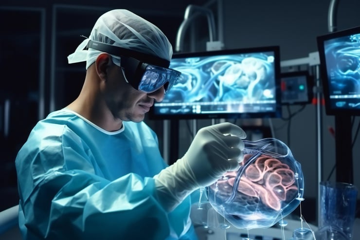 Abb. Chirurg nutzt Augmented Reality zur Arbeit an einem virtuellen 3D-Gehirnmodell mit medizinischen Bildschirmen im Hintergrund.