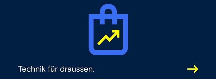 Blaues Einkaufstaschen-Icon mit gelbem Aufwärtspfeil auf dunklem Hintergrund – Symbol für steigende Technik-Trends oder Online-Angebote.