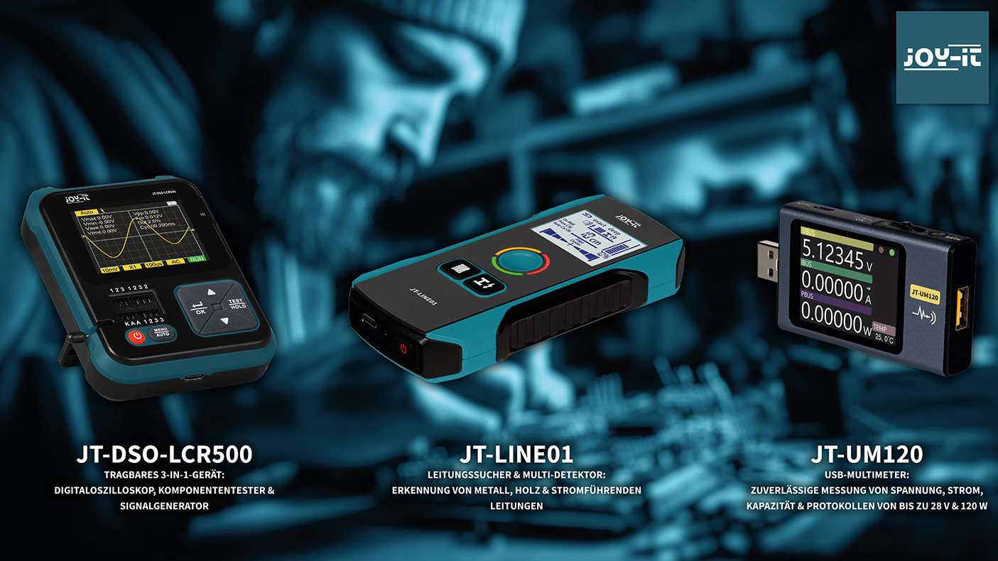Drei verschiedene elektronische Messgeräte von Joy-iT: Digitaloszilloskop, Leitungssucher und USB-Multimeter.