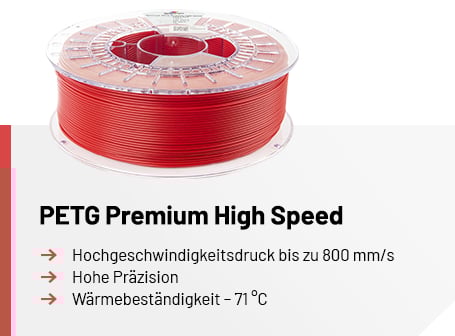 Eine transparente Spule mit rotem Filament über einer Infografik, die den Schriftzug „PETG Premium High Speed“ sowie die Eigenschaften Hochgeschwindigkeitsdruck bis zu 800 mm/s, hohe Präzision und eine Wärmebeständigkeit bis 71 °C auflistet.