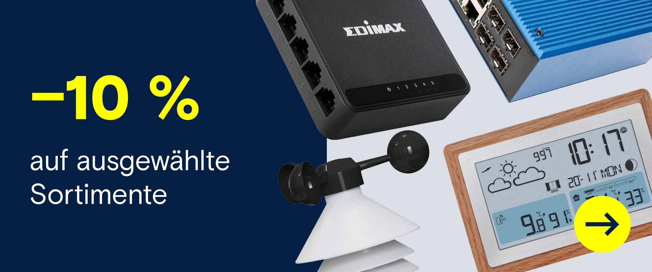 Werbebanner mit dem Text „−10 % auf ausgewählte Sortimente“ sowie Abbildungen eines Netzwerk-Switches, eines Industrie-Netzwerkgeräts, eines Wettersensors und einer digitalen Wetterstation mit Pfeilsymbol.