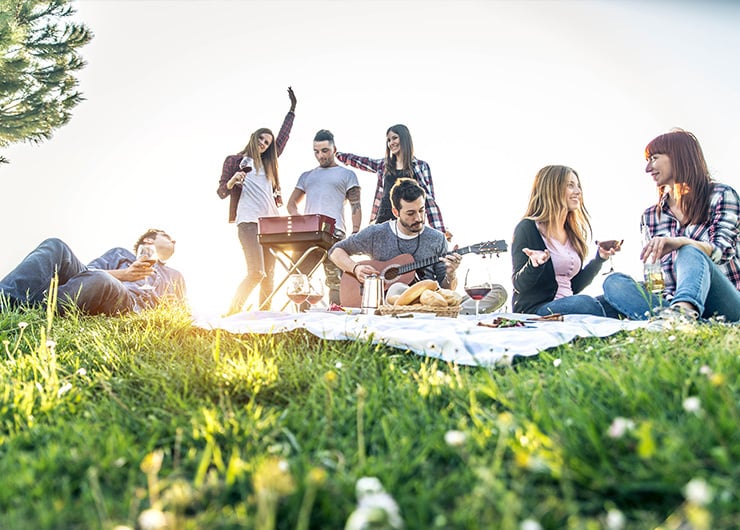 Eine Gruppe junger Menschen sitzt bei einem Picknick im Park, während einige musizieren und tanzen.