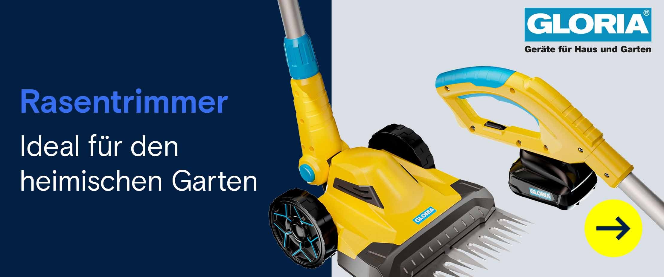 Gelber Rasentrimmer mit Rädern und Griff sowie zusätzlichem Handgerät vor blau-grauem Hintergrund mit Gloria-Logo und Text.