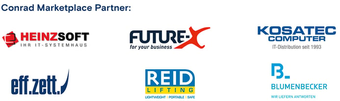 Logos von Conrad Marketplace Partnern wie Heinzsoft, Future-X, Kosatec Computer, eff.zett, Reid Lifting, Blumenbecker.