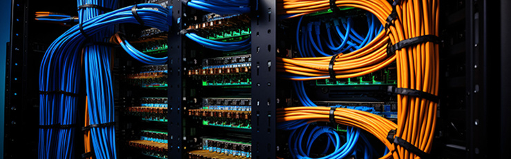 Ein professionell organisiertes Server-Rack in einem Rechenzentrum. Blaue und orangefarbene Netzwerkkabel sind in sauberen Bündeln mit Kabelbindern an Patchpanels und Netzwerkswitches befestigt. Grüne Status-LEDs leuchten auf.