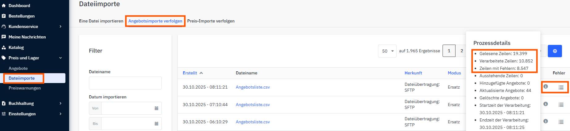 Fehlerreporting Angeotsimporte Mirakl
