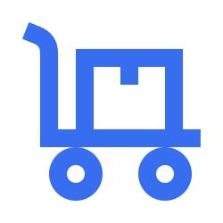 Blaues Piktogramm eines stilisierten Transportwagens mit zwei Rädern, einem Griff und einem darauf liegenden Paket.