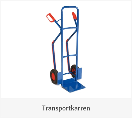 Eine blaue Sackkarre mit roten Handgriffen und schwarzen Reifen auf weißem Hintergrund mit der Unterschrift „Transportkarren“.