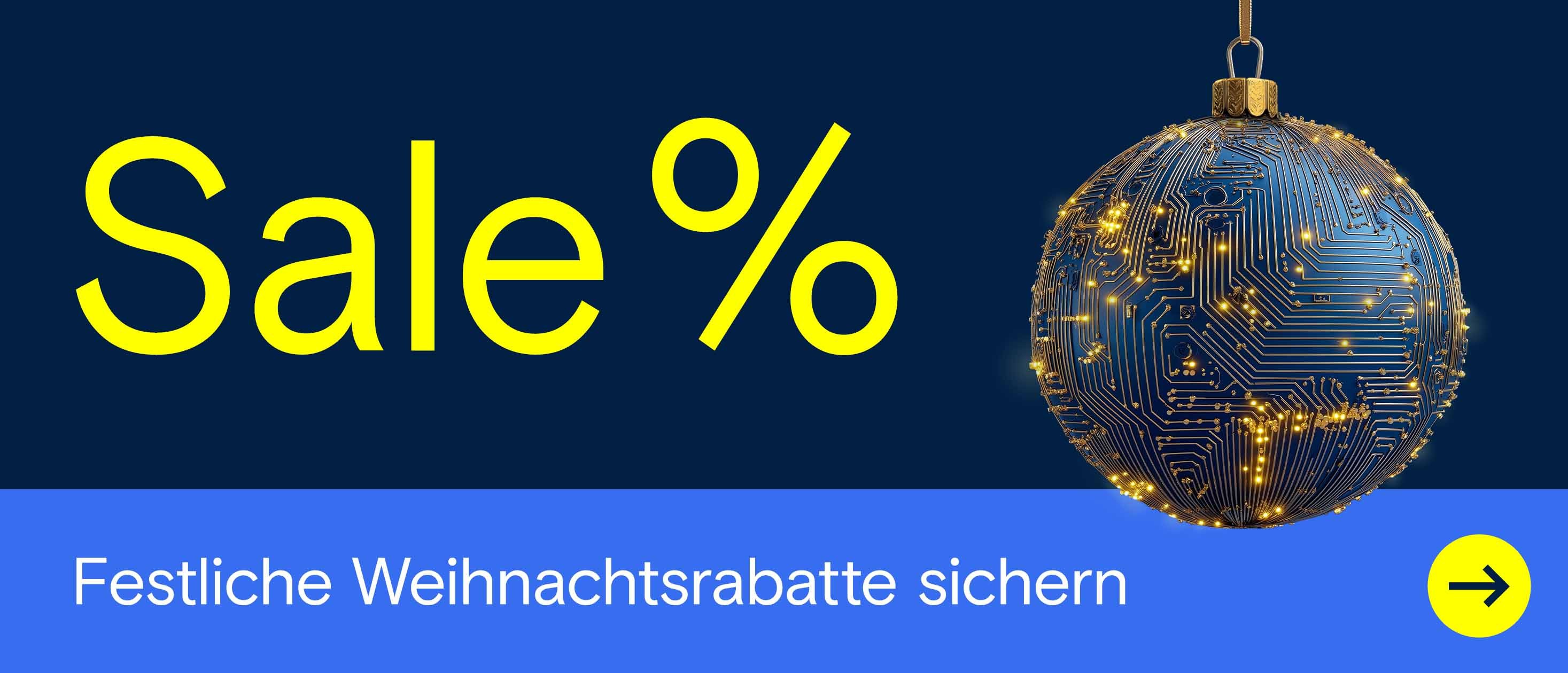 Werbebanner mit einem grossen SALE% Schriftzug und einer Weihnachtskugel mit goldenen Akzenten