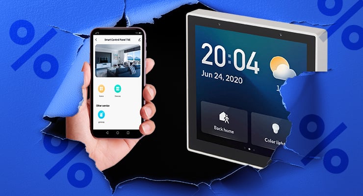 Ein Smartphone mit Smart-Home-App und ein Smart-Display erscheinen hinter einem aufgerissenen blauen Hintergrund.