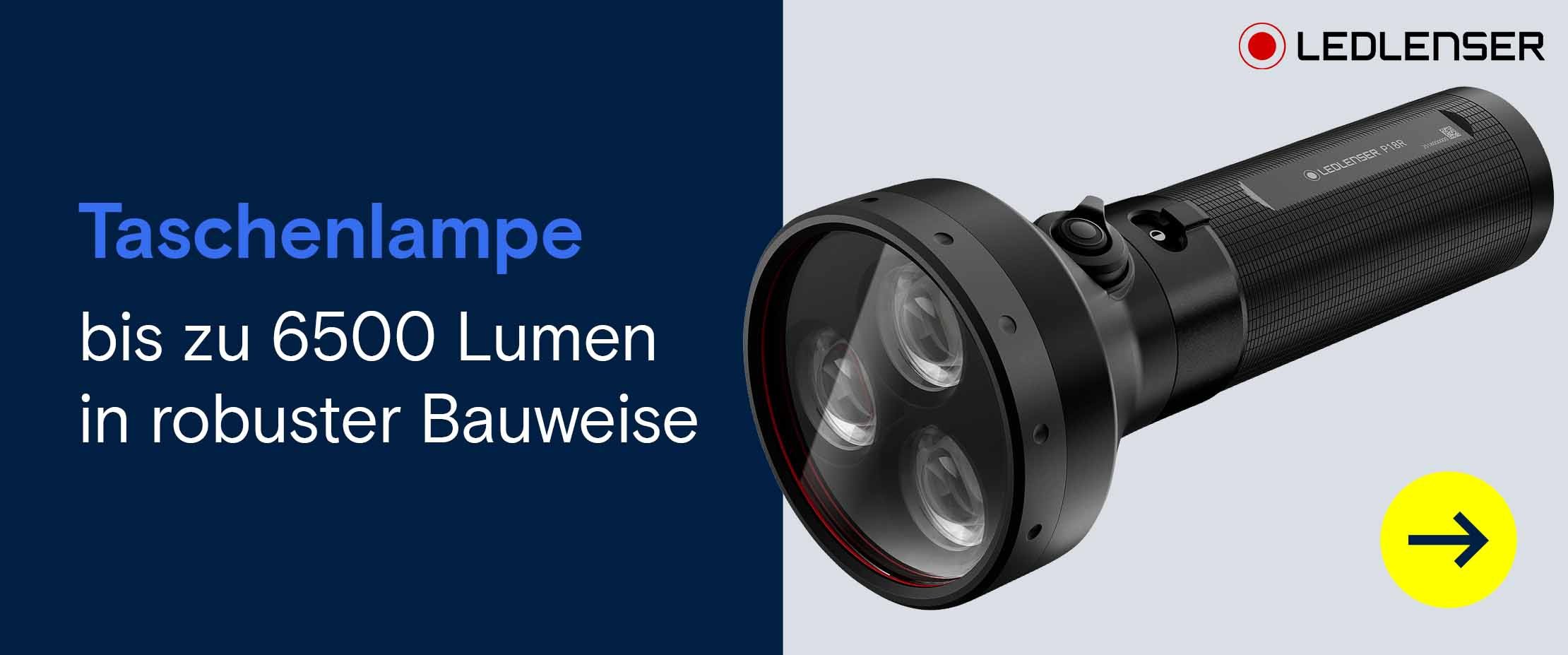 Werbegrafik mit einer Ledlenser-Taschenlampe und dem Text „Taschenlampe – bis zu 6500 Lumen in robuster Bauweise“.