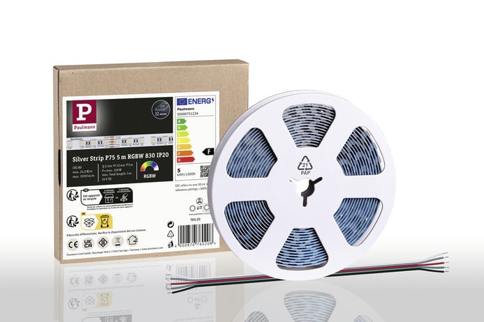Paulmann Silver Strip P75 5m RGBW 830 IP20 LED-Streifen auf Rolle mit Verpackung und Energieeffizienzlabel.