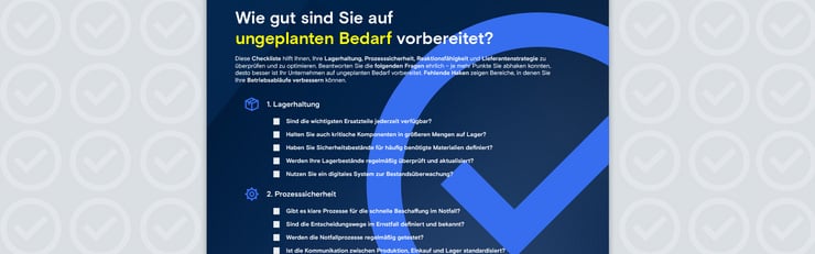 Checkliste zur Bedarfsplanung auf dunkelblauem Hintergrund, Liste mit Fragen zur Überprüfung und Optimierung von Lagerhaltung, Prozesssicherheit und Lieferantenstrategie, "Jetzt handeln" Button.