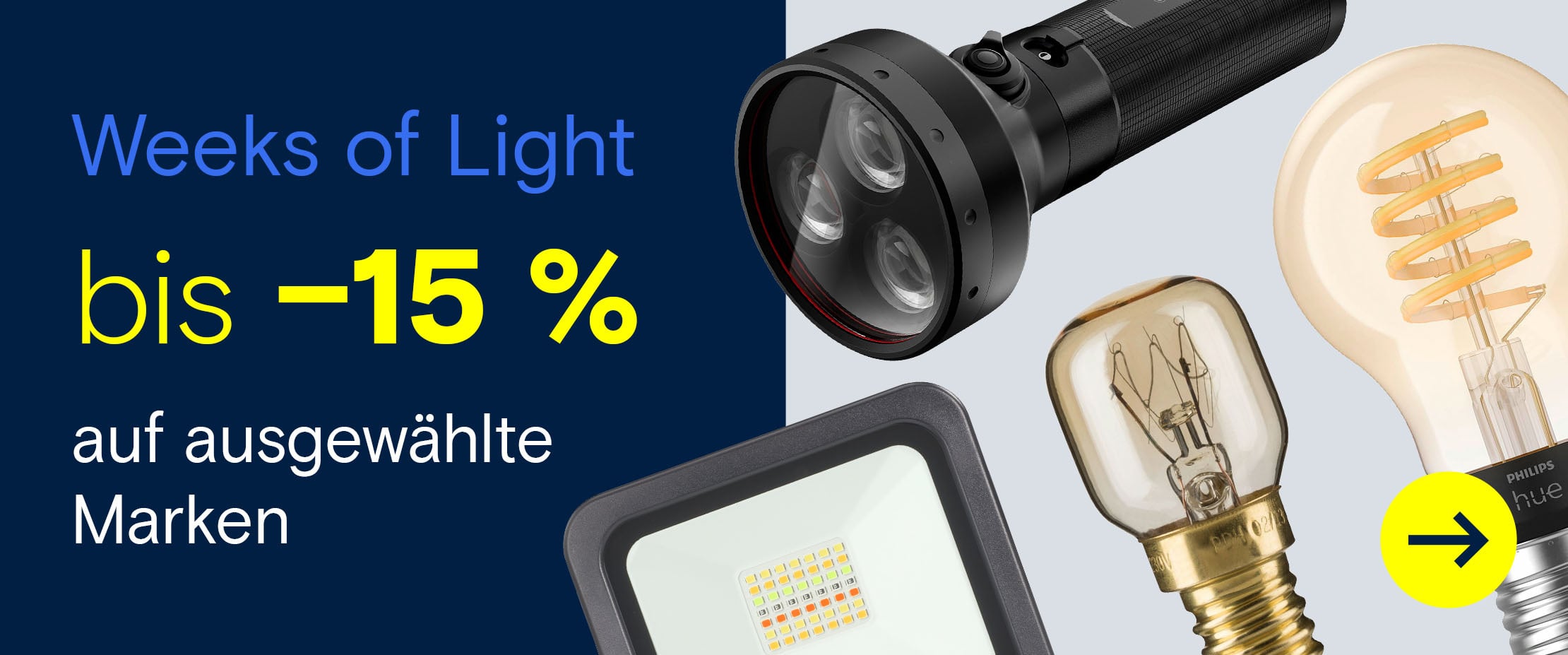 Banner mit „Weeks of Light“ und bis zu -15 % Rabatt auf ausgewählte Marken, dargestellt mit Taschenlampe, LED-Strahler und verschiedenen Glühbirnen.