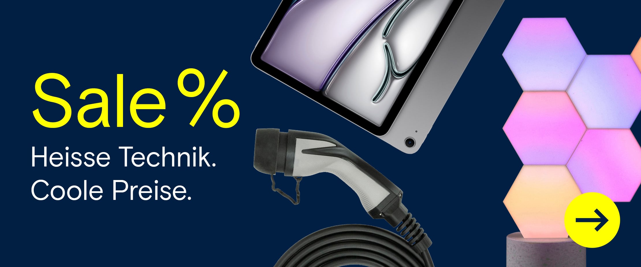 Banner zum Summer Sale mit Tablet, Ladekabel, farbigen Wandleuchten und Hinweis auf heisse Sommer-Angebote.