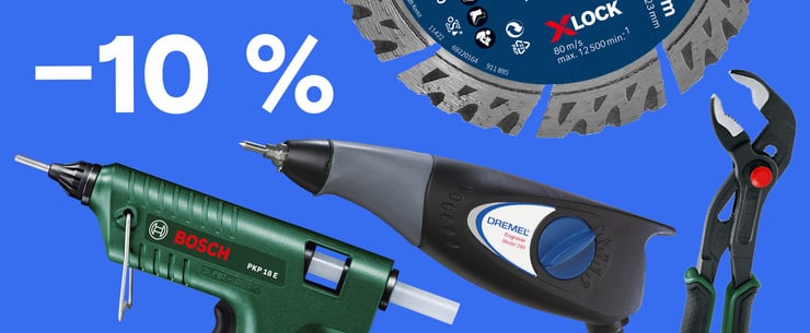Werbebanner mit Bosch- und Dremel-Werkzeugen, Zange, Trennscheibe und dem Hinweis „-10 %“ auf blauem Hintergrund.