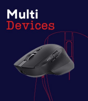 Eine kabellose Computermaus ist auf einem dunkelblauen Hintergrund mit der Aufschrift „Multi Devices“ abgebildet.