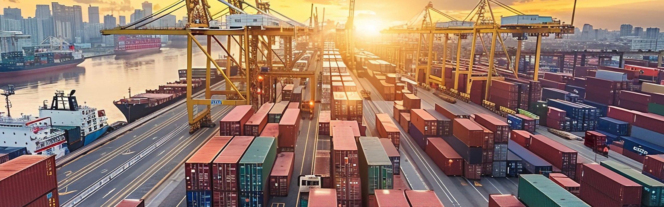 Ein Industrieller Hafen gefüllt mit Container und Kranen sowie Transportschiffe