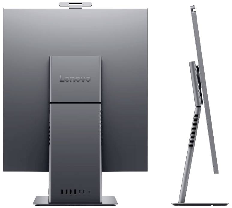 Rückansicht und Seitenprofil eines grauen Lenovo All-in-One-PCs mit integriertem Standfuß und sichtbaren Anschlüssen auf der Rückseite.