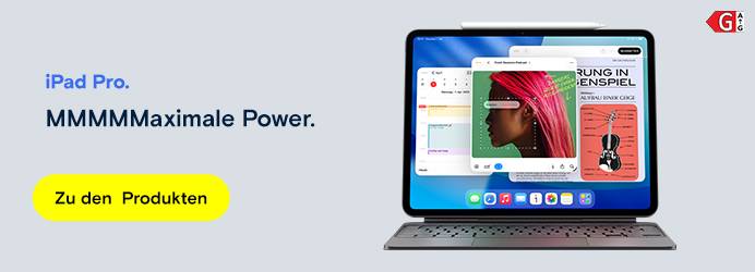 Bild vom Apple iPad Pro (2025) mit dem Text "MMMMMaximale Power."