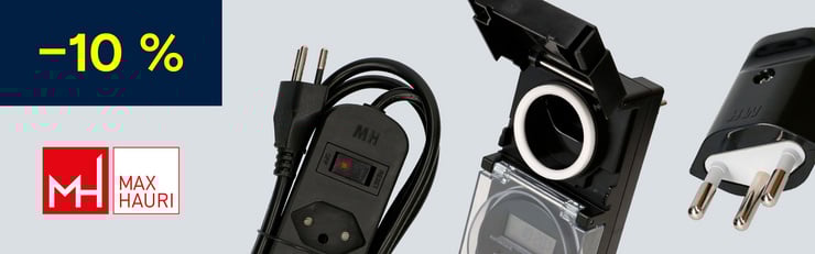 Werbebanner mit 10 % Rabatt auf professionelles Elektro-Equipment von Max Hauri