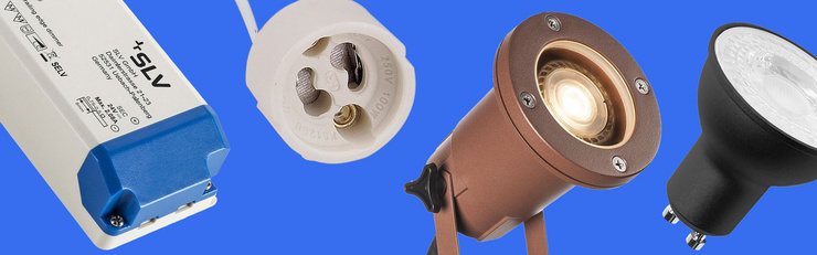  Produktcollage mit LED-Treiber, Lampenfassung und verschiedene Strahler