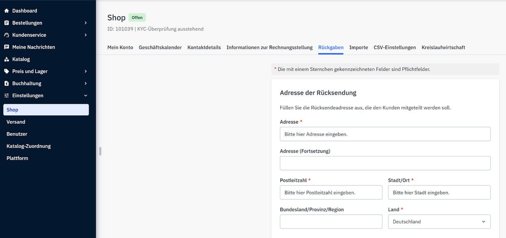 Mirakl Einstellungen Shop Rückgaben