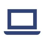 Eine minimalistische, dunkelblaue Icon-Illustration eines geöffneten Laptops in Frontalansicht auf weißem Hintergrund.