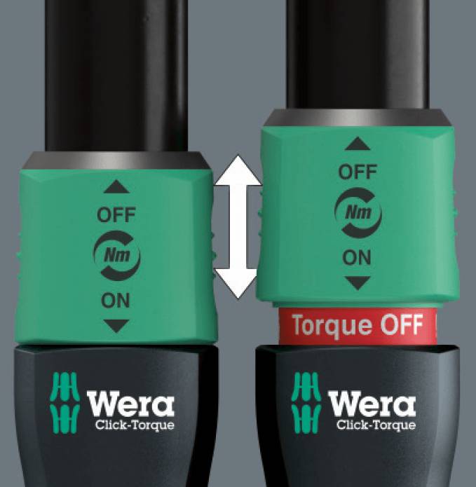 Eine grafische Gegenüberstellung des Wera Click-Torque-Verriegelungsmechanismus, die links die geschlossene Position und rechts die geöffnete Position mit sichtbarem rotem „Torque OFF“-Ring zeigt.