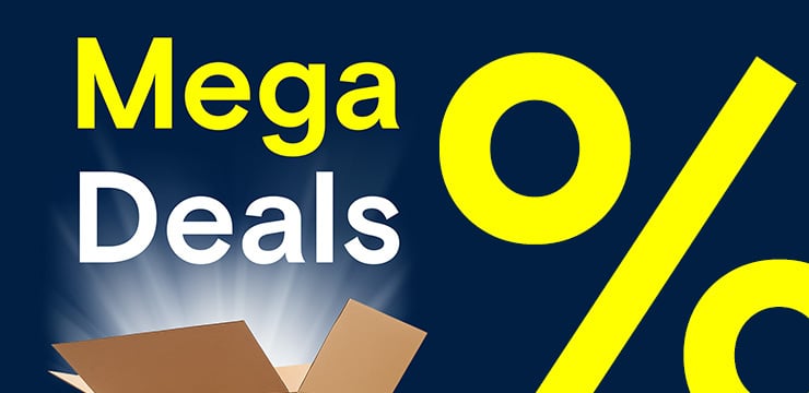 Werbegrafik mit der Aufschrift „Mega Deals“, einem geöffneten Karton und einem großen Prozentzeichen auf blauem Hintergrund.
