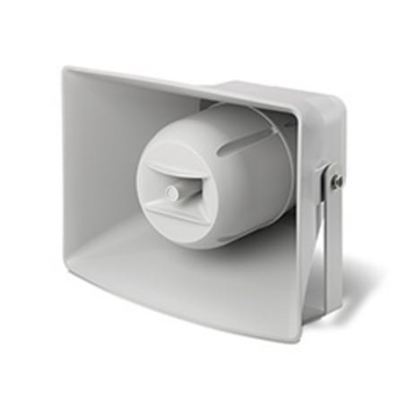 Das Bild zeigt einen weißen, rechteckigen Hornlautsprecher mit einer runden Schallöffnung und einer seitlichen Montagehalterung vor einem weißen Hintergrund.