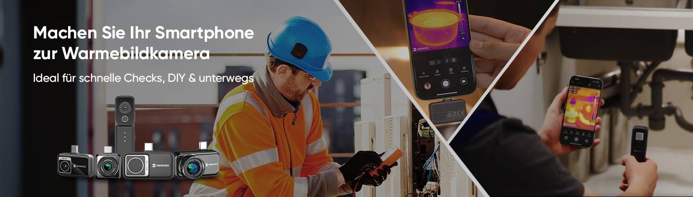 Ein Werbebanner zeigt verschiedene kompakte Hikmicro-Wärmebildkameras, die an Smartphones gesteckt werden können, sowie drei Anwendungsbeispiele: einen Handwerker bei der Elektroinstallation, eine Temperaturmessung eines Topfes und die Überprüfung von Rohren unter einer Spüle.