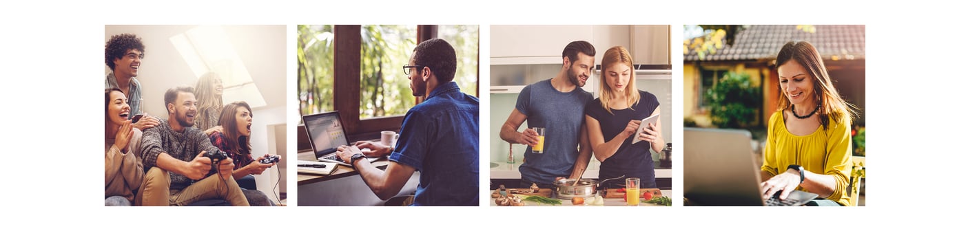 Vier quadratische Bilder zeigen Menschen in verschiedenen Alltagssituationen: beim gemeinsamen Gaming, bei der Arbeit im Homeoffice, beim Kochen mit einem Tablet und beim entspannten Nutzen eines Laptops im Garten.