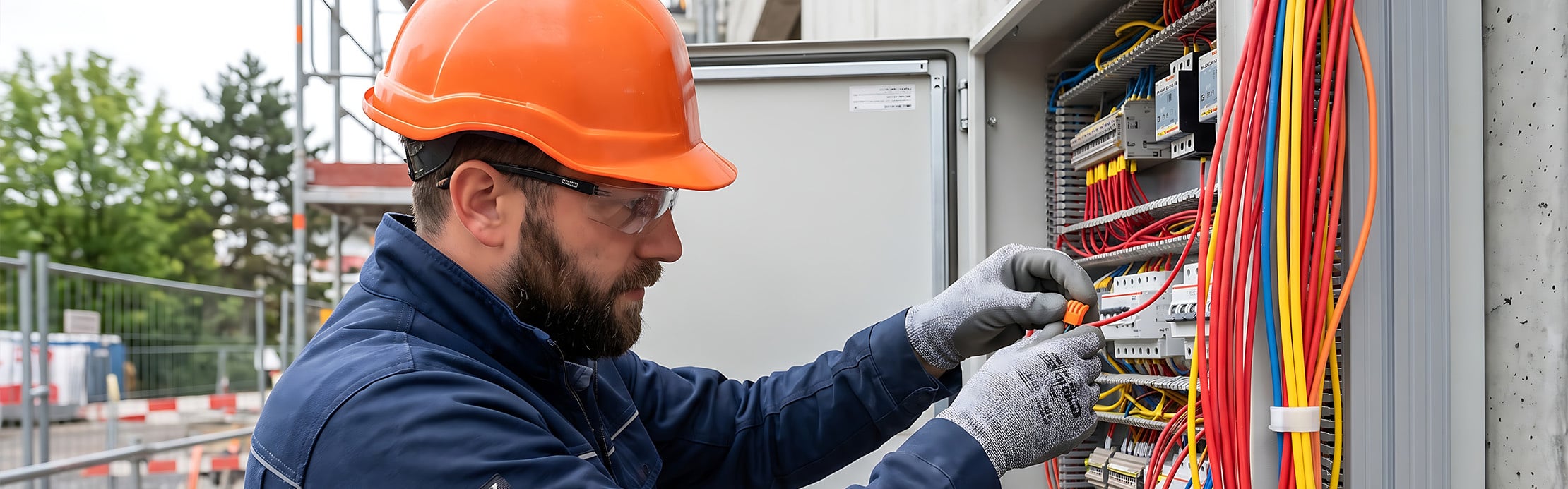 Ein Techniker mit orangefarbenem Schutzhelm, Schutzbrille und Arbeitshandschuhen verdrahtet einen offenen Schaltschrank mit zahlreichen bunten Kabeln und Bauteilen.