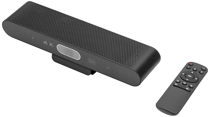 Schwarze Digitus 4K Videokonferenz-Soundbar mit Kamera und Fernbedienung.