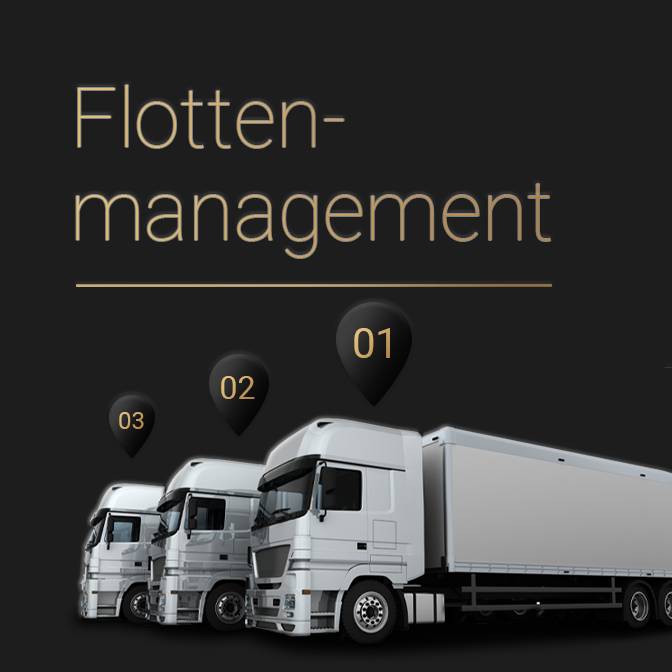 Dunkle Kachel mit dem Text "Flottenmanagement" und mehreren Lkw. Weiterleitung zu einer Produktseite über Tracker.