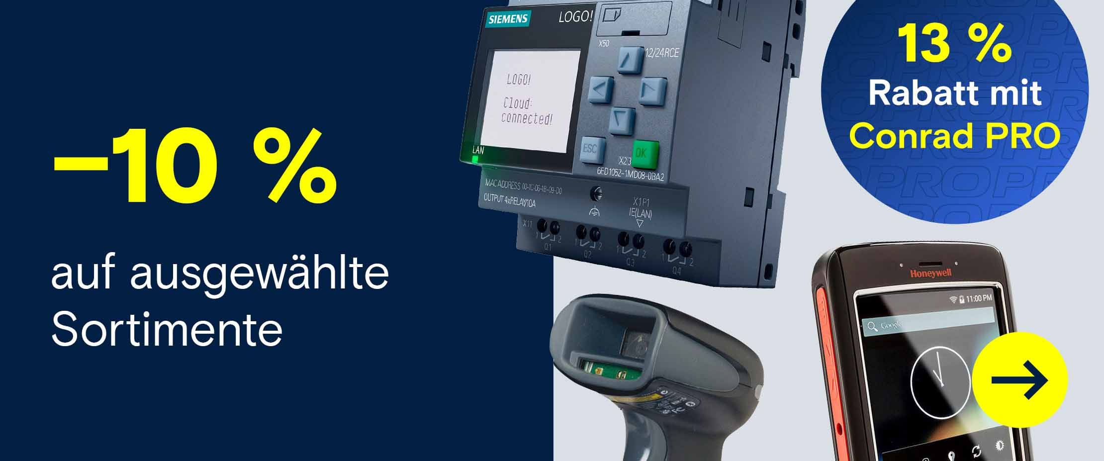 Werbebanner mit Siemens LOGO!-Steuerung, Honeywell Handheld-Terminal und Barcode-Scanner sowie 10 % Rabatt auf ausgewählte Sortimente und 13 % mit Conrad PRO.