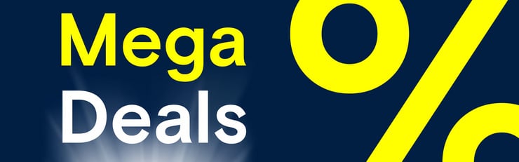 Banner „Mega Deals“ mit grossem Prozentzeichen als Symbol für Rabattaktionen.