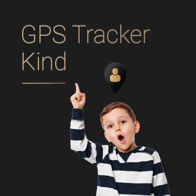 Dunkle Kachel mit dem Text "GPS Tracker Kind" und einer Abbildung eines Kindes. Weiterleitung zu einer Produktseite über Personentracker.