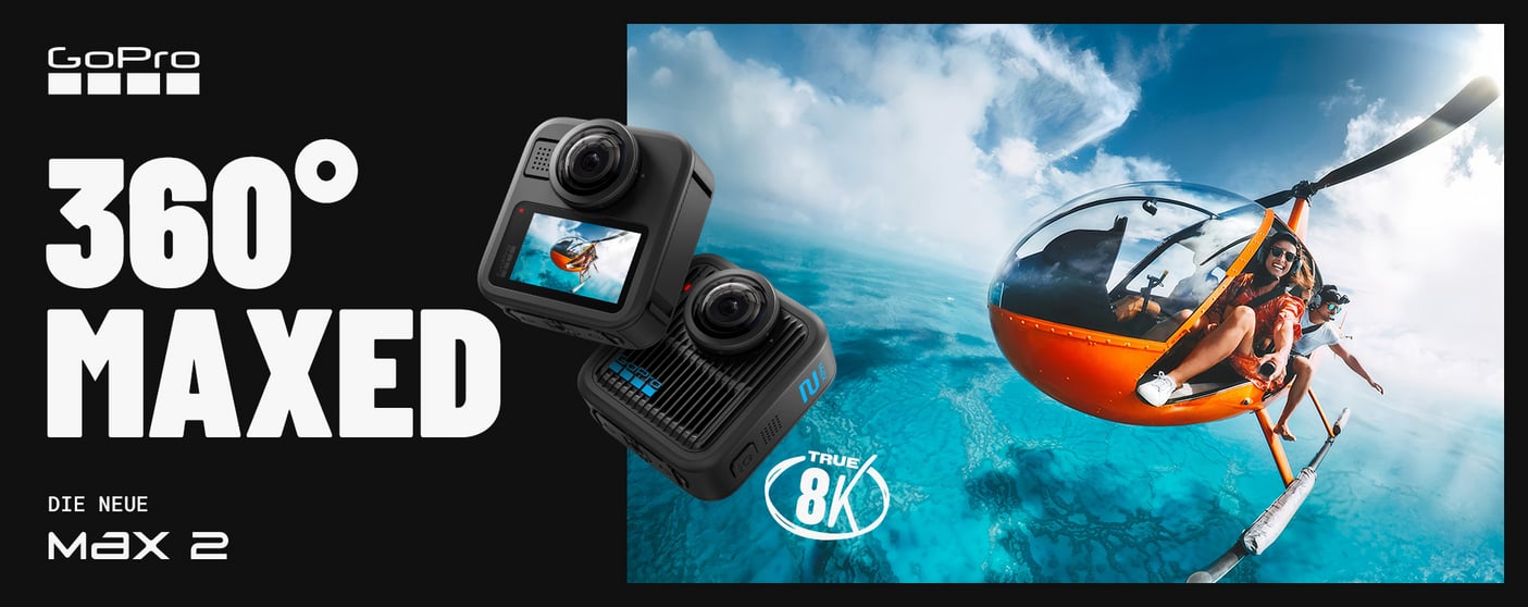 Eine GoPro Max 360 Kamera wird mit dem Slogan „Never Miss With 360“ gezeigt.
