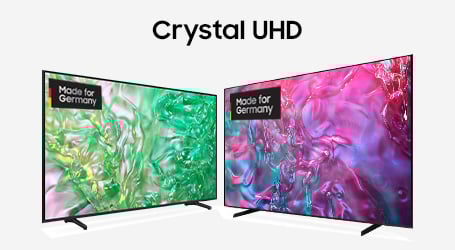 Zwei Samsung Crystal UHD-Fernseher mit flüssig wirkenden abstrakten Inhalten in Grün-Gelb und Pink-Blau unter dem Schriftzug „Crystal UHD“.