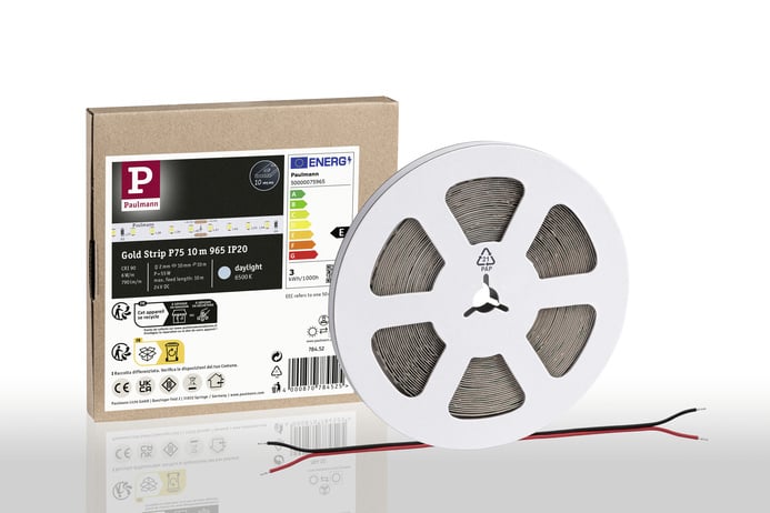 Paulmann Gold Strip P75 10m 965 IP20 LED-Streifen auf Rolle und Verpackung mit Energielabel.