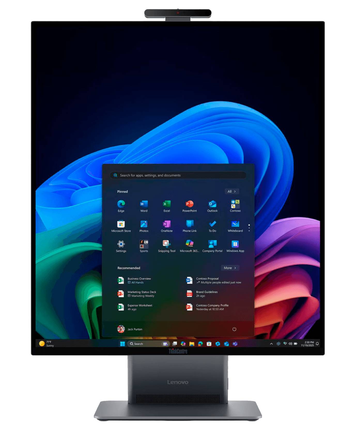 Ein Lenovo ThinkCentre All-in-One-PC mit einer oben angebrachten Webcam und einem Display, das die Windows 11 Benutzeroberfläche mit dem geöffneten Startmenü zeigt.